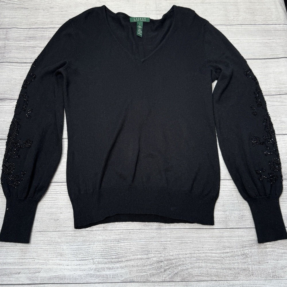 Lauren Ralph Lauren Black Beaded Sleeve Silk Cashmere Sweater V-Neck Large